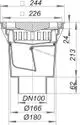 Dallmer Hof- und Parkdeckablauf, mit seitlichen Maßangaben und einem DN 100 Anschluss. Schnittdarstellung zeigt die Konstruktion und innere Details des Abflusses.