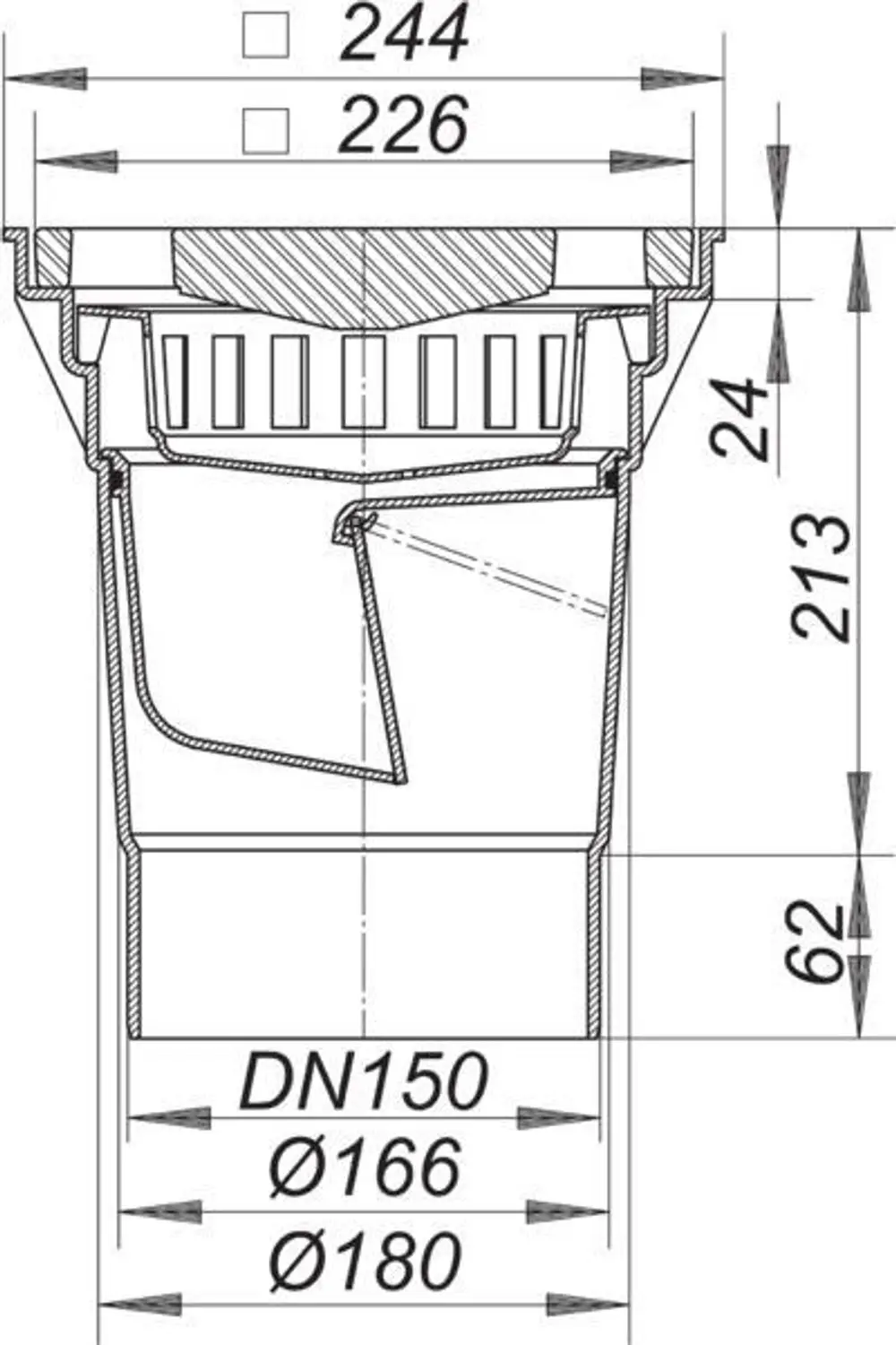 Dallmer Hof- und Parkdeckablauf mit einem konischen Design, sichtbaren Maßen und einem integrierten Rost. Technische Zeichnung mit detaillierten Abmessungen.