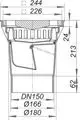 Dallmer Hof- und Parkdeckablauf mit einem konischen Design, sichtbaren Maßen und einem integrierten Rost. Technische Zeichnung mit detaillierten Abmessungen.