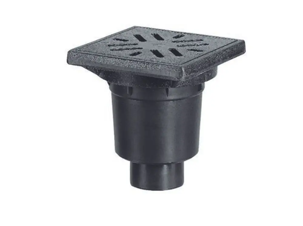 Dallmer Ablaufsystem mit quadratischem Abdeckgitter und runder Anschlussöffnung, geeignet für die Ableitung von Wasser im Außenbereich.