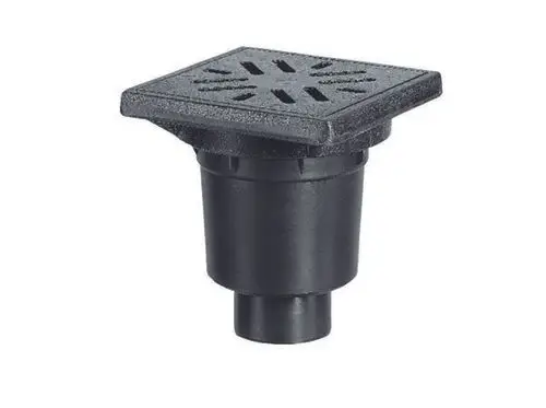 Dallmer Ablaufsystem mit quadratischem Abdeckgitter und runder Anschlussöffnung, geeignet für die Ableitung von Wasser im Außenbereich.
