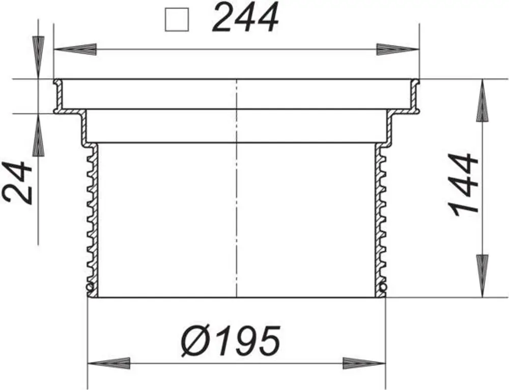 Dallmer Aufsatzrahmen mit einer oberen quadratischen Fläche und einem zylindrischen Abschnitt. Maße und Details sind schematisch dargestellt.