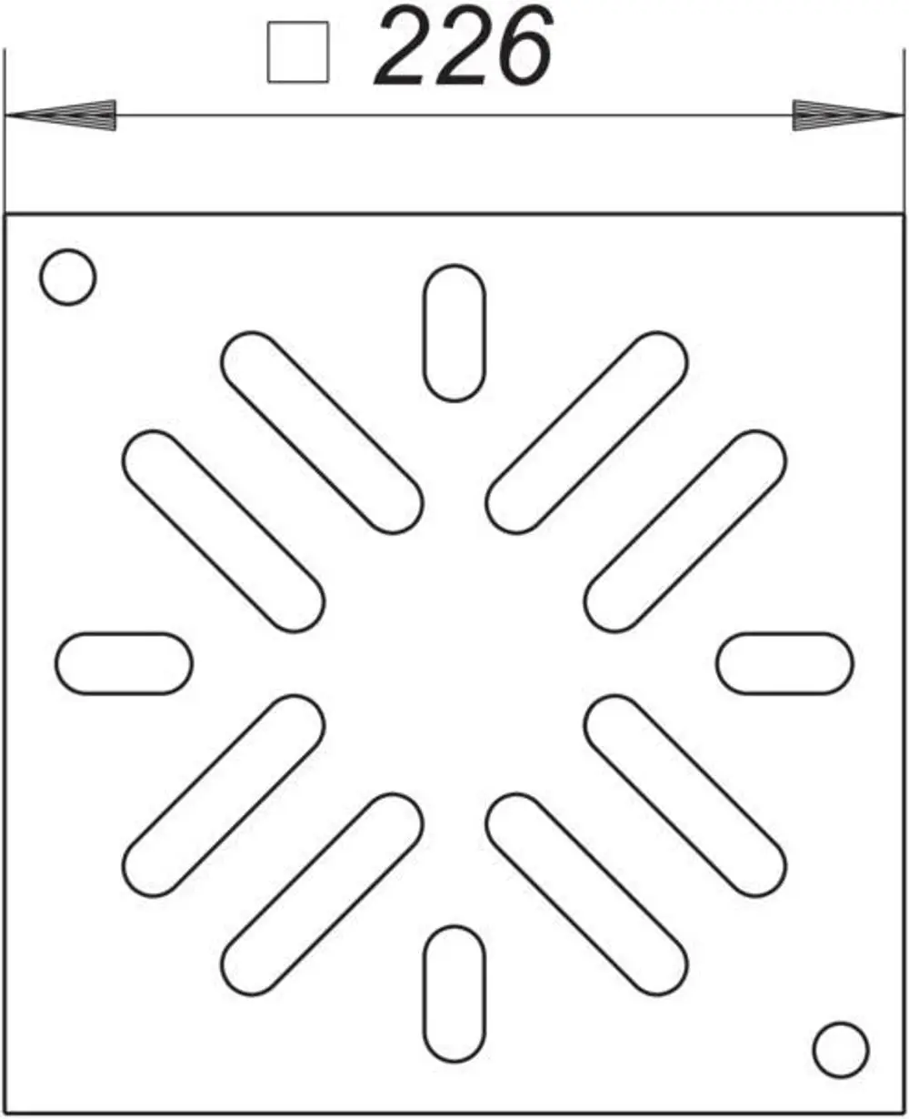 Dallmer Guss-Rost mit runder Öffnung und mehreren langen Vertiefungen in einem quadratischen Grundriss. Entwurf ohne sichtbare Maße oder Schrauben.