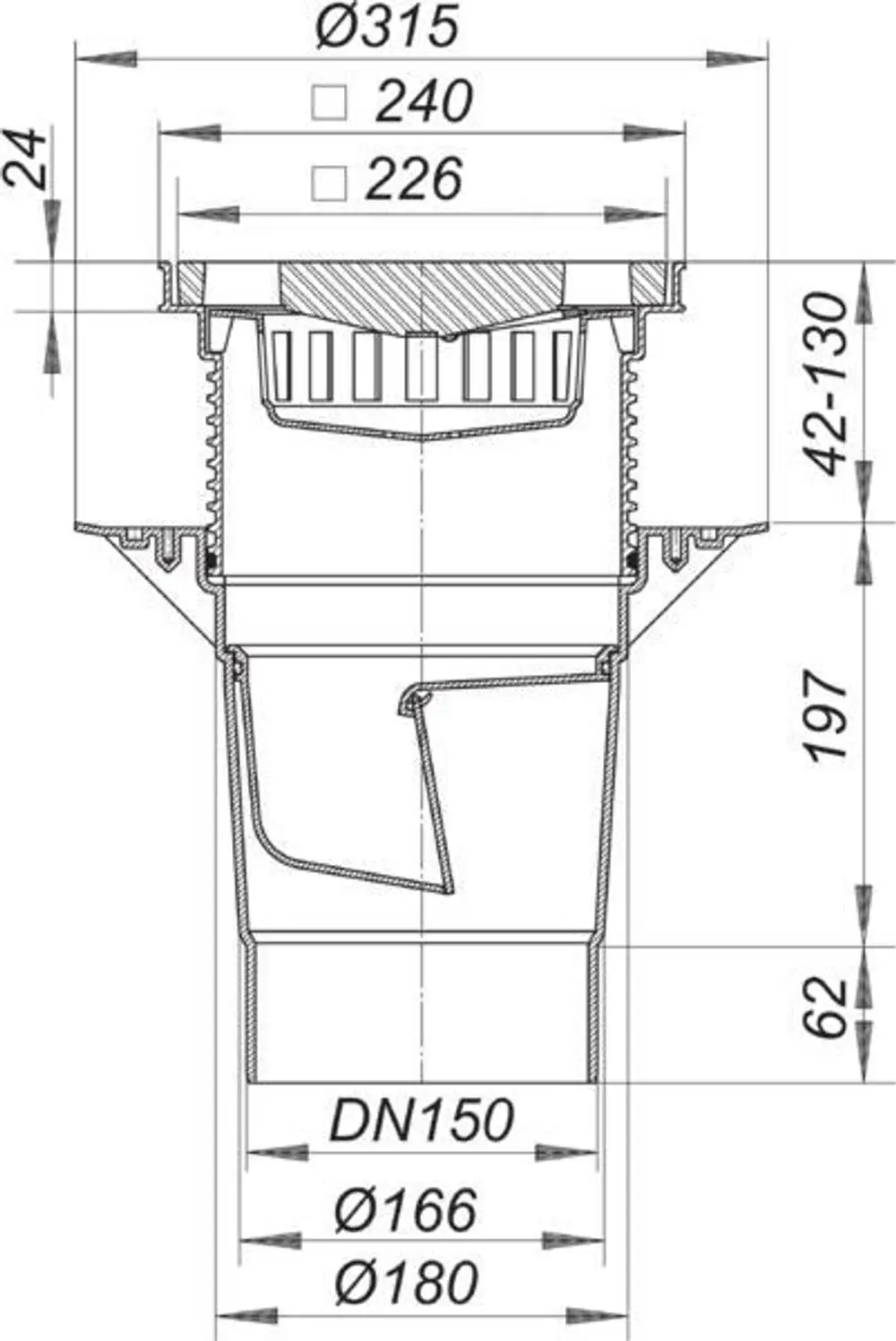 Dallmer Ablauf für Hof- und Parkdecke, mit einem Überlaufloch und mehreren Durchmessern. Technische Zeichnung zeigt Schnittansicht und Dimensionen des Produkts.