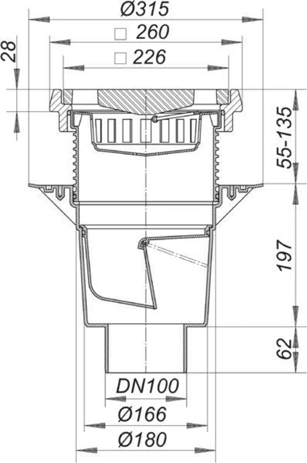 Dallmer Ablaufsystem, zeichnerische Darstellung mit Durchmessern und Höhenangaben. Das Produkt zeigt eine schematische Seitenansicht eines Hof- und Parkdeckablaufs.
