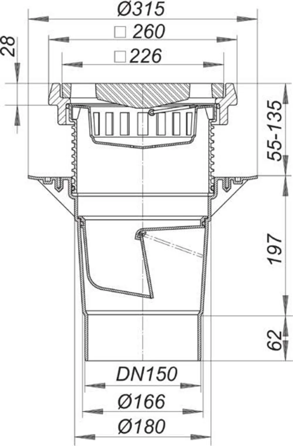 Dallmer Ablaufprodukt mit einem runden, rechteckigen Auslass. Abmessungen und Anschlussdetails sind am Objekt eingezeichnet. Die Konstruktion ist für Hof- und Parkdecke geeignet.