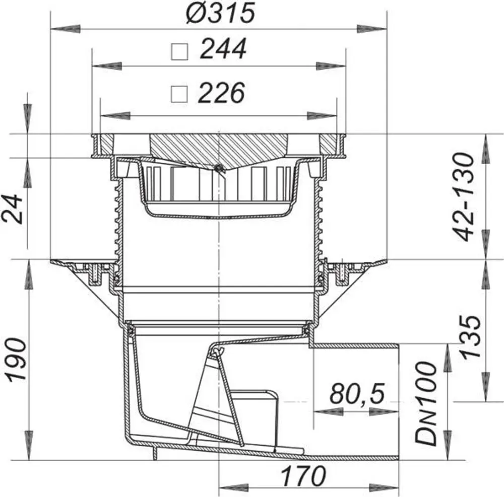 Dallmer Ablauf für Hof- und Parkdecke, mit sichtbarem inneren Aufbau und Rohrauslass, dargestellt in Technischer Zeichnung mit Maßen und Details.