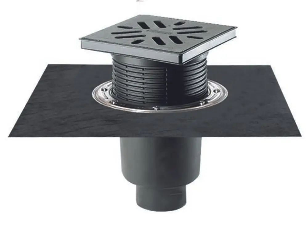 Dallmer Abwasserablauf mit quadratischer Abdeckung und gestanztem Muster. Flexible Verbindung und runder Auslass zum Abführen von Wasser.