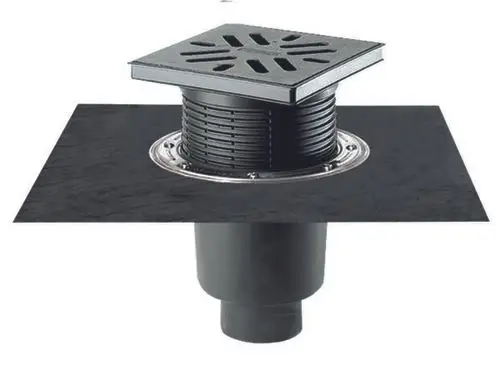 Dallmer Abwasserablauf mit quadratischer Abdeckung und gestanztem Muster. Flexible Verbindung und runder Auslass zum Abführen von Wasser.