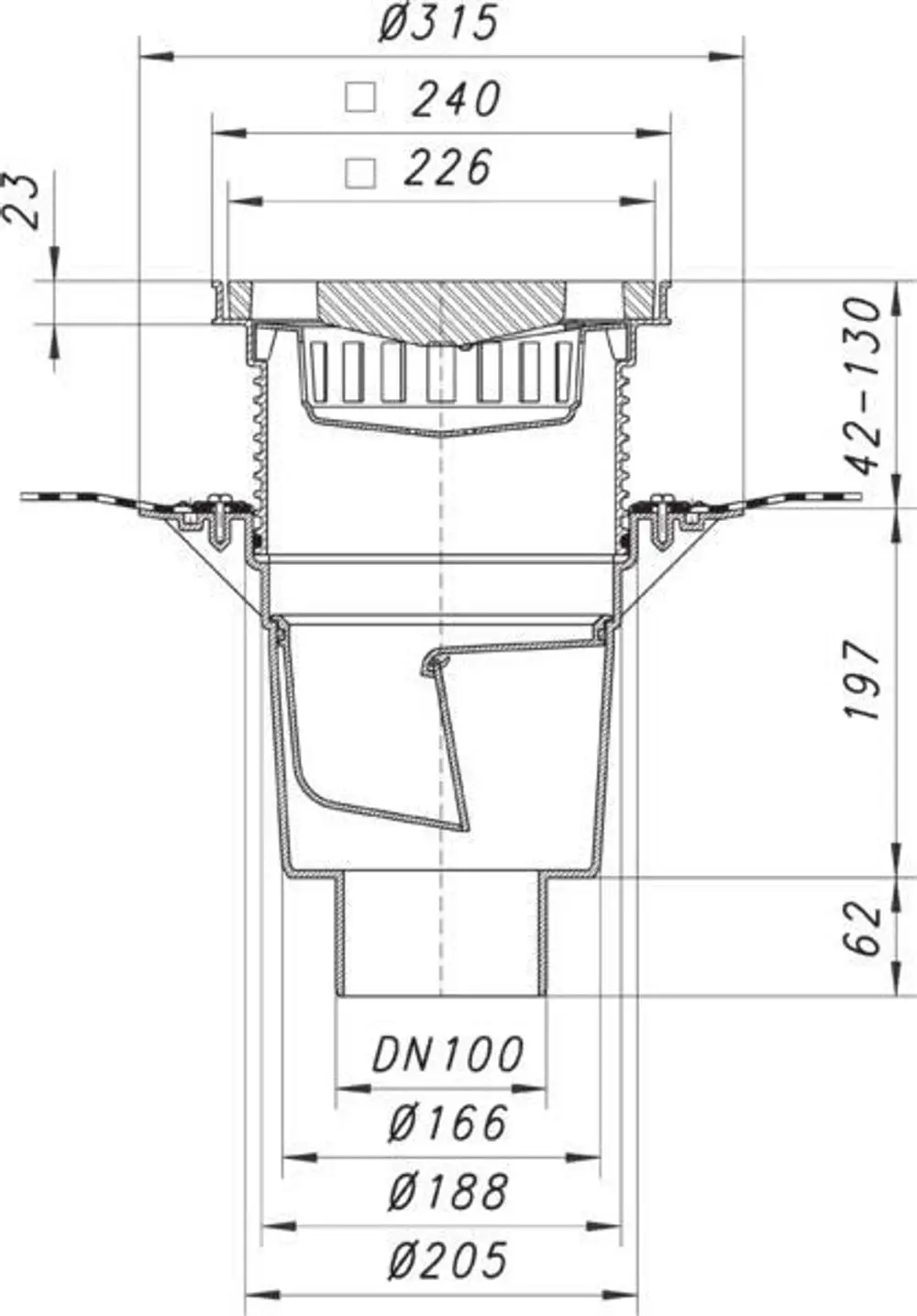Diagramm eines Dallmer Hof- und Parkdeckablaufs mit klaren Maßangaben. Zeichnung zeigt verschiedene Durchmesser und Anschlussdetails für die Installation.