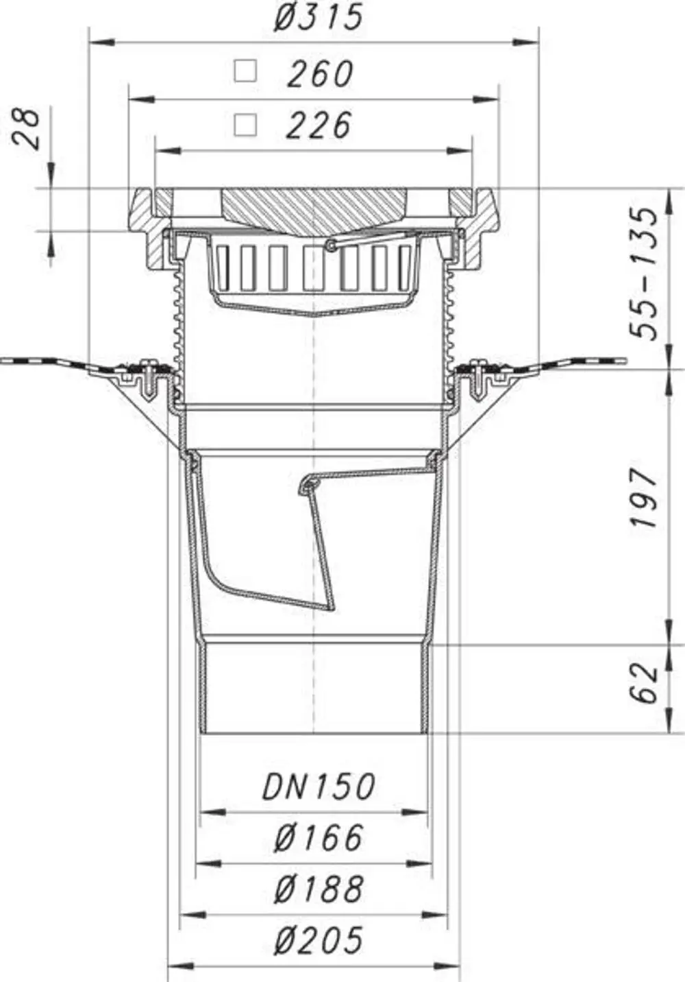 Durchflussbauteil mit runder Öffnung, strukturiertem Gitter und seitlicher Abflussöffnung. Dallmer Produkt für die Ableitung von Wasser in Außengebieten.