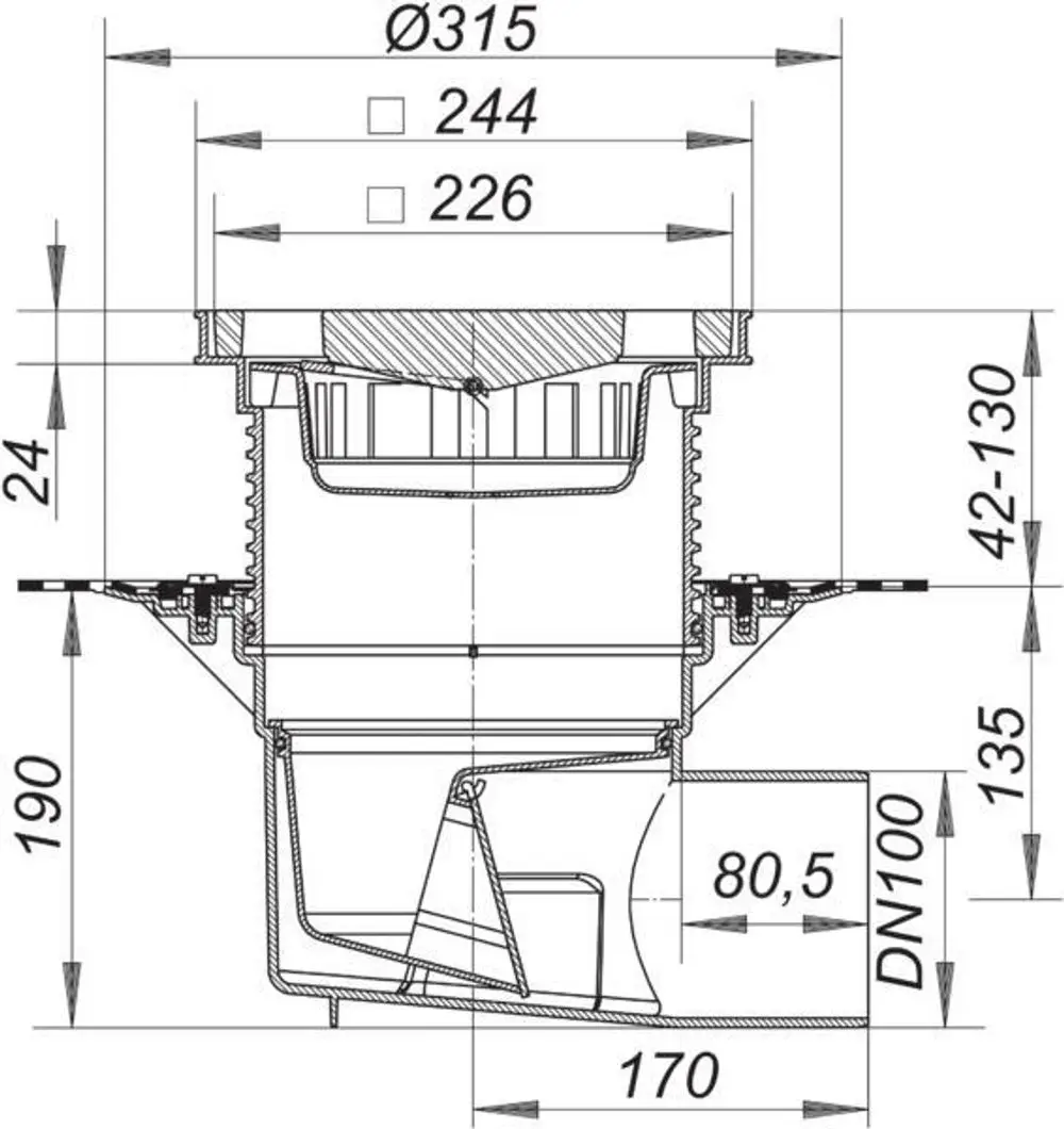 Schnittdarstellung eines Dallmer Hof- und Parkdeckablaufs mit verschiedenen Durchmessern und Höhenangaben, zeigt die inneren Konstruktionselemente und Anschlussdetails.
