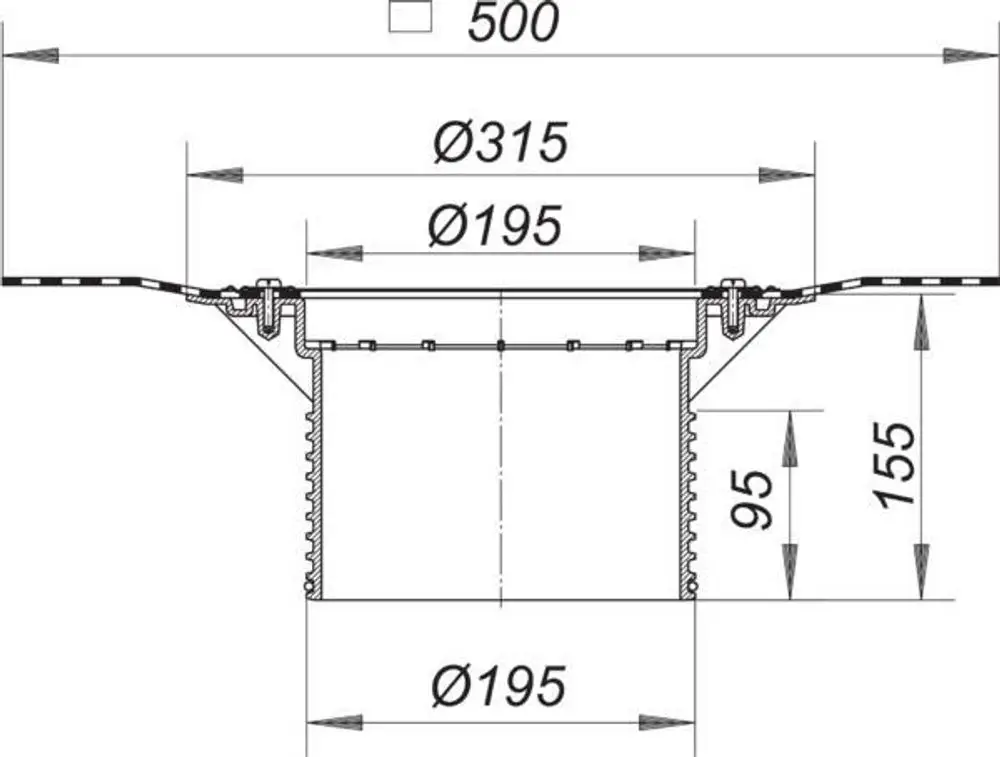 Schematische Darstellung eines Dallmer Aufstockelements mit unterschiedlichen Durchmessern und Maßen, sichtbar in einer technischen Zeichnung.