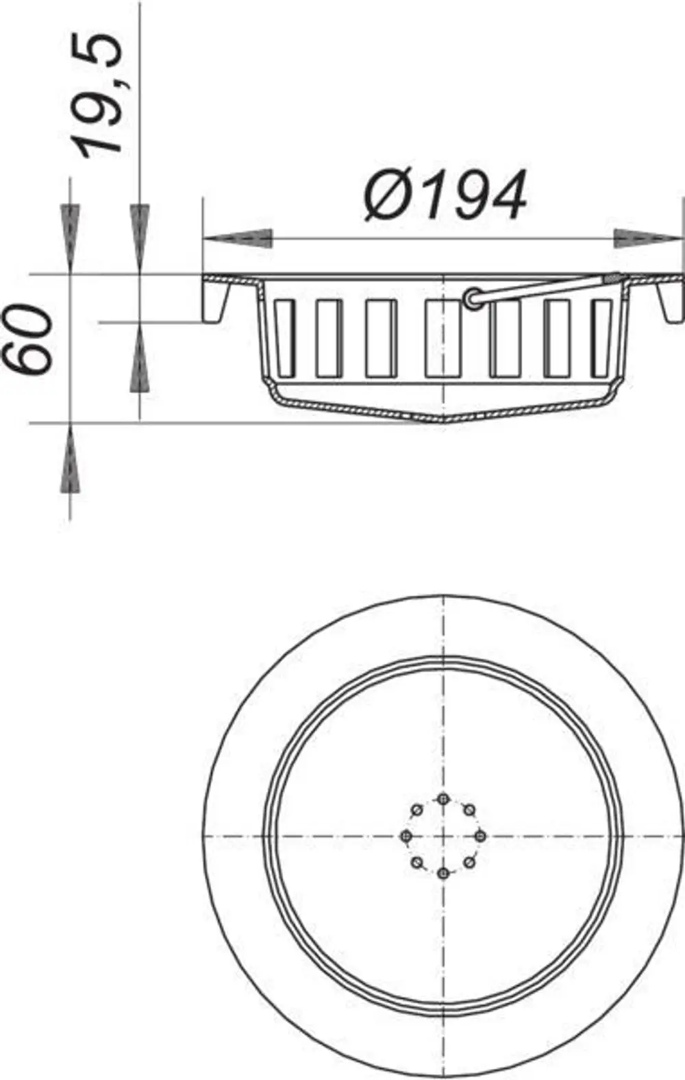 Dallmer Sandfangkorb mit runder Form und seitlichen Öffnungen, dargestellt in Profil- und Draufsicht. Maße und Details sind im technischen Zeichnungsstil dargestellt.