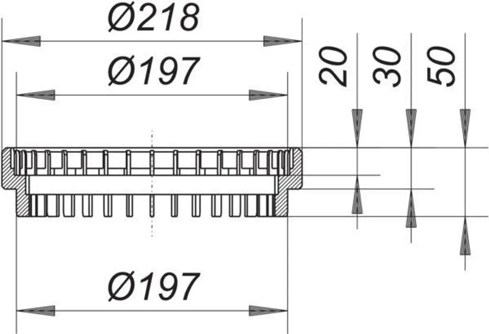 Technische Zeichnung eines Dallmer Einlaufelements mit Abmessungen und Schnittansicht, zeigt Durchmesser und Anordnung der Montageelemente.