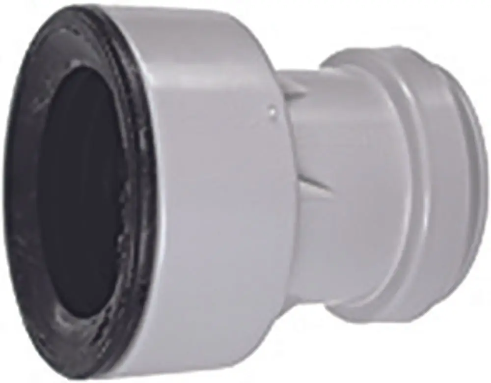 Dallmer-Rohrverbindung in grauem Kunststoff, mit glatter Oberfläche und einem engen Anschlussbereich, geeignet für Rohrinstallationen.