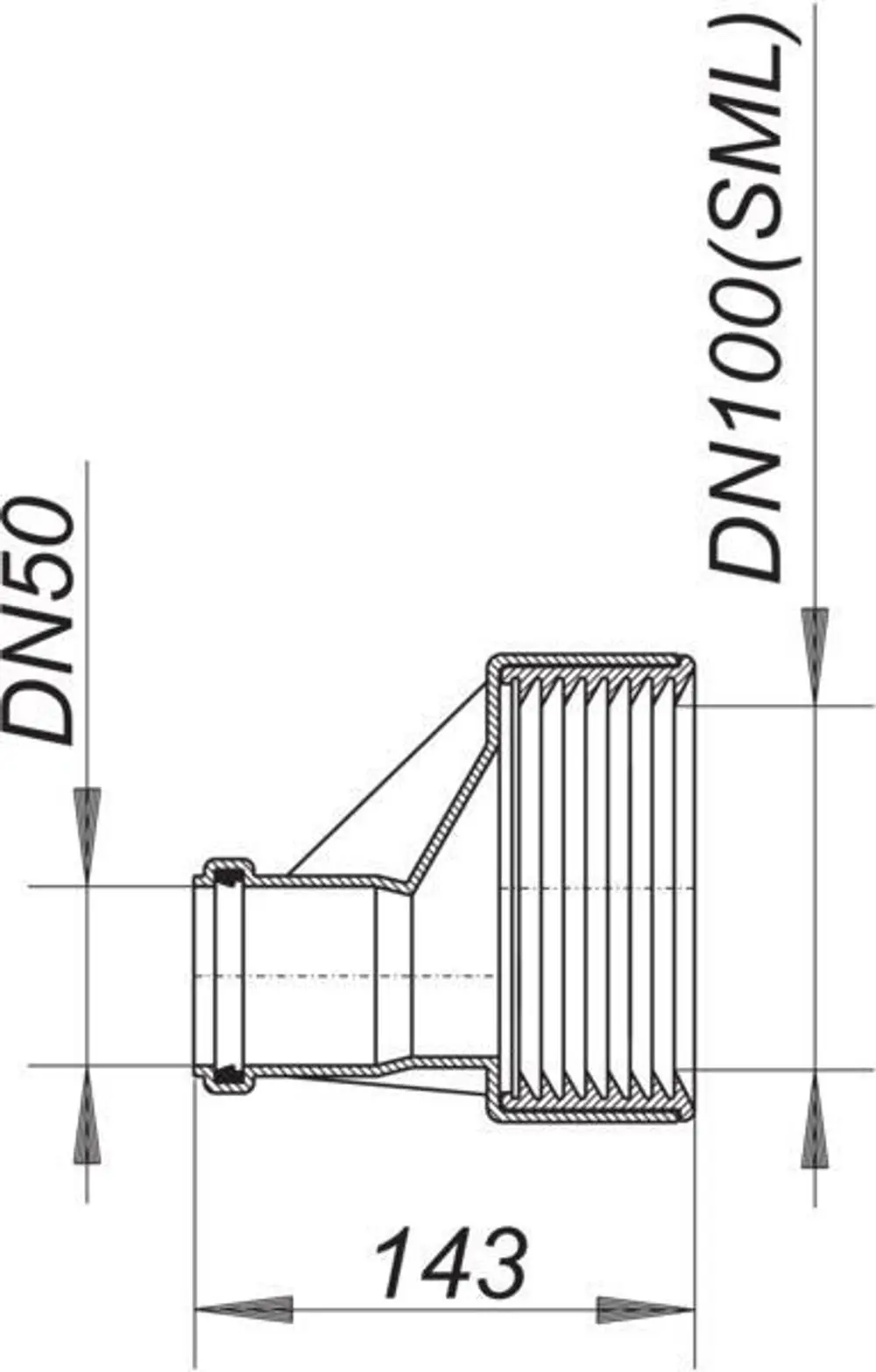 Dallmer Rohrverbinder mit größerem Durchmesser, konisch geformt, mit ausgelegten Rippungen und Anschlüssen, strukturiert für spezielle Sanitäranwendungen.