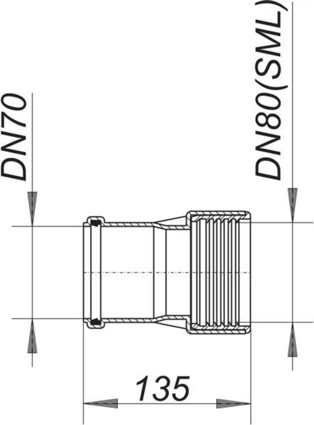 Dallmer Rohrverbinder mit zwei Durchmessern, illustrated in technischer Zeichnung, zeigt eine seitliche Ansicht mit maßstabsgetreuer Darstellung.