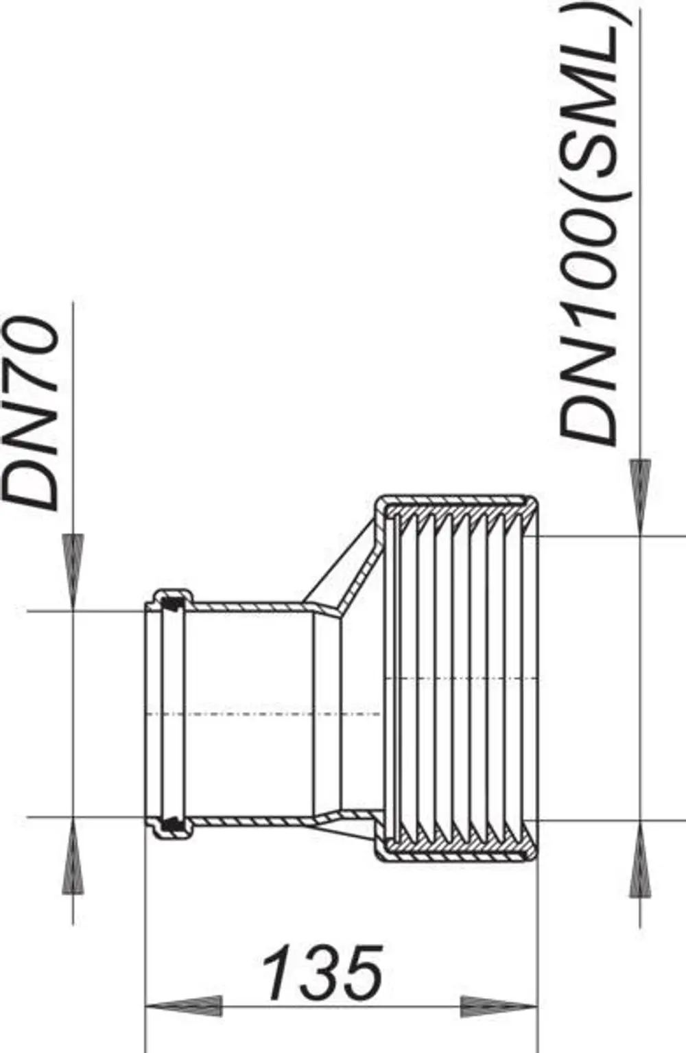 Dallmer Rohrverbinder mit Gewinde und konisch zusammenlaufendem Design, geeignet für DN 70 und DN 100 Rohrsysteme. Zeichnung zeigt Maße und Anschlüsse.