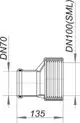 Dallmer Rohrverbinder mit Gewinde und konisch zusammenlaufendem Design, geeignet für DN 70 und DN 100 Rohrsysteme. Zeichnung zeigt Maße und Anschlüsse.