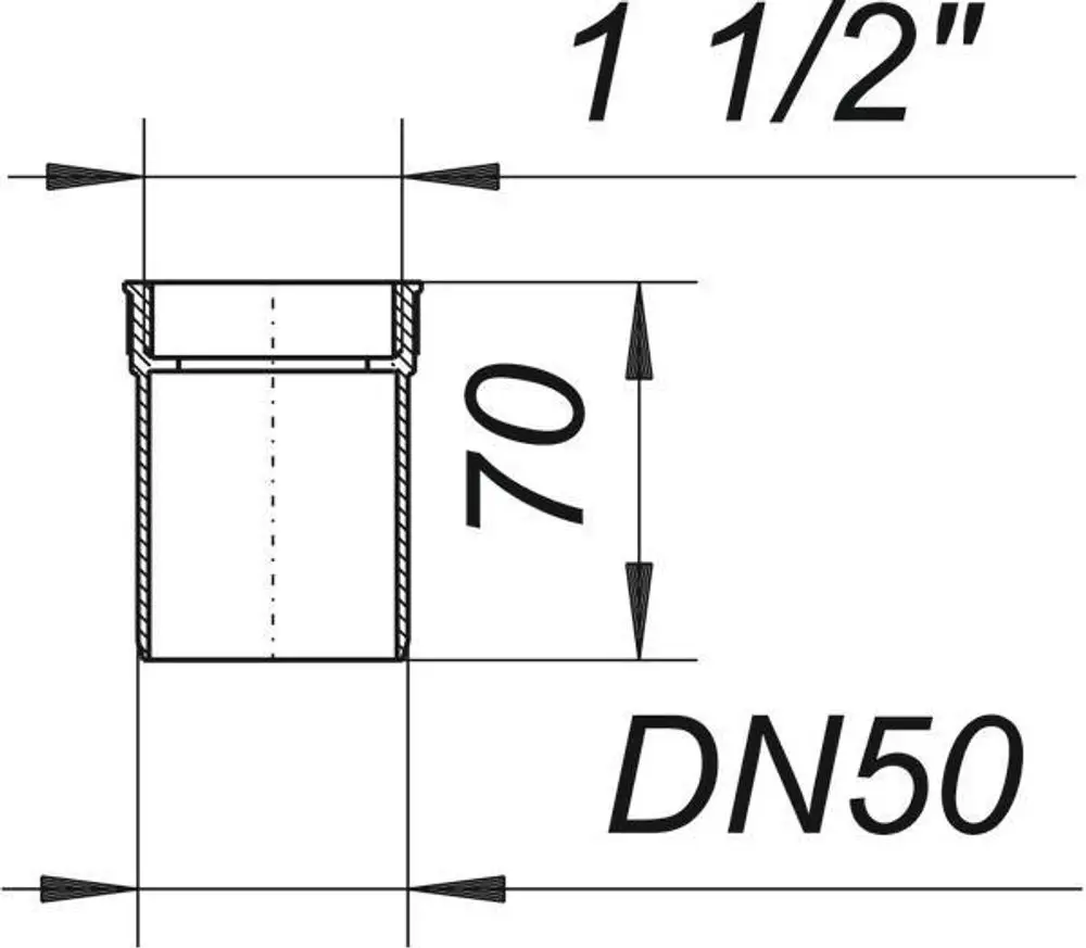 Schraubadapter mit Flachdichtung, zylindrische Form, mit Maßangaben wie DN 50 und 1 1/2" deutlich sichtbar. Marke Dallmer erkennbar.