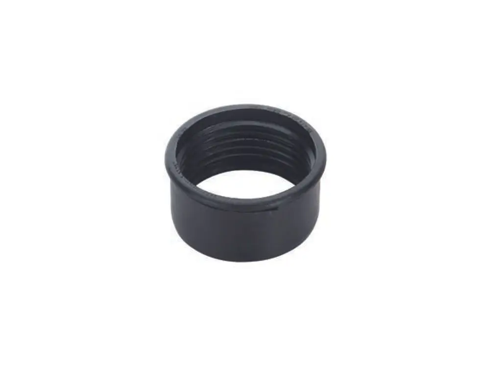 Schwarze, zylindrische Dichtung von Dallmer mit Innengewinde. Der Artikel ist als Verbindungselement für Rohrleitungen konzipiert.