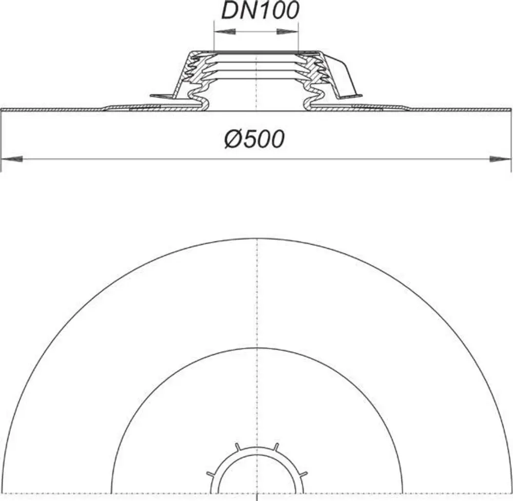 Schematische Darstellung einer Rohrabdichtung von Dallmer, mit oberer Ansicht und Maßeinzeichnung, die eine runde Form und Mittelbohrung zeigt.