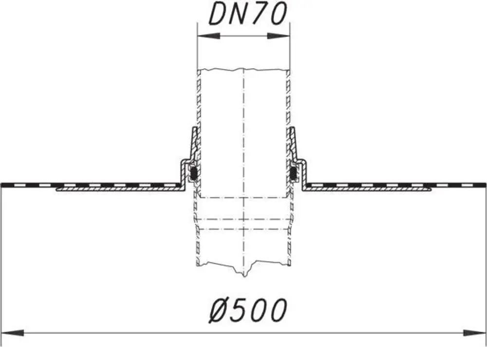 Schematische Darstellung einer Rohrdurchführung von Dallmer mit einem Durchmesser von 500 mm und einer Anschlussgröße von DN 70.