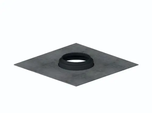 Dallmer Rohrdurchführung mit einem Flansch und einer runden Öffnung, auf einer quadratischen, grauen Platte montiert.