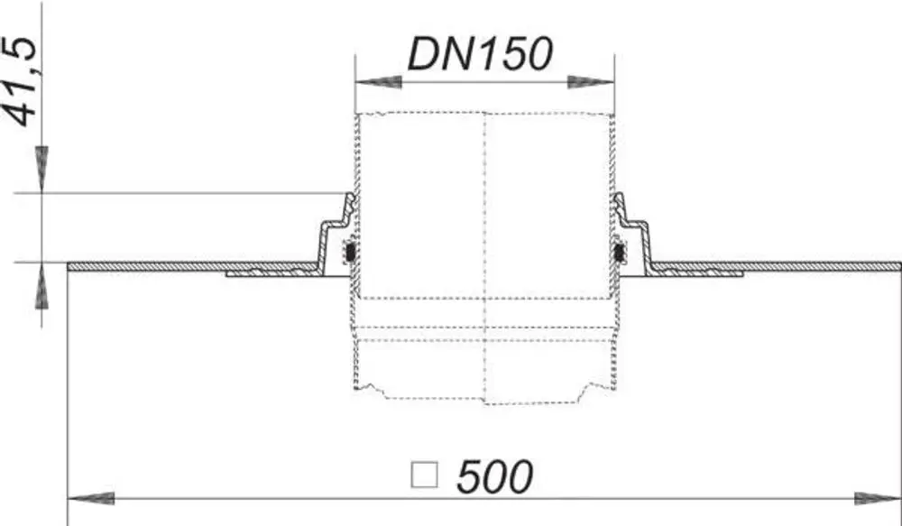 Schematische Darstellung einer Rohrdurchführung von Dallmer mit einem DN 150 Anschluss. Das Detail zeigt die Profile und Montageskonstruktion der Durchführung.
