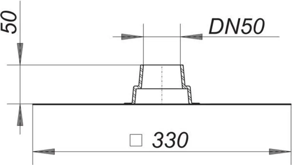 Dallmer Rohrdurchführung mit einer zylindrischen Form und einer quadratischen Basis, veranschaulicht durch technische Zeichnung mit Maßen.