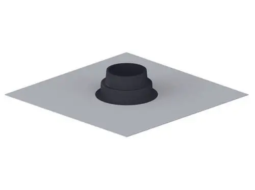 Schwarze Rohrdurchführung von Dallmer mit senkrechtem Übergang. Platziert auf einer rechteckigen Unterlage, geeignet für Rohrinstallationen.