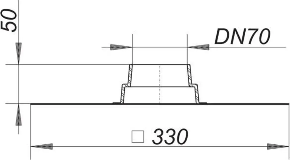 Schematische Darstellung einer Rohrdurchführung von Dallmer mit einem Durchmesser von 70 mm und einer Basis mit 330 mm Durchmesser, Höhe 50 mm.