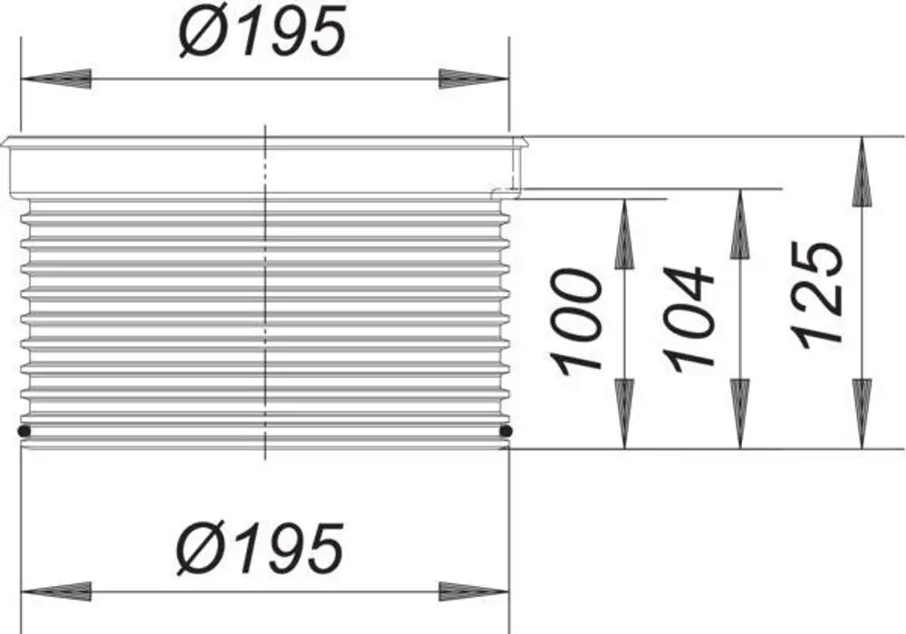 Dallmer Aufsatzverlängerung mit rippiger Oberfläche. Zylinderform mit einem Durchmesser von 195 mm und verschiedenen Höhenmaßen, die im Bild dargestellt sind.