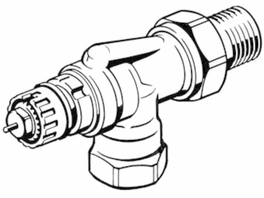 Ventilgehäuse mit axialem Anschluss, gefertigt von Danfoss. Der Aufbau zeigt eine Kombination aus Gewinde- und Flanschverbindung für diverse Anwendungsbereiche.