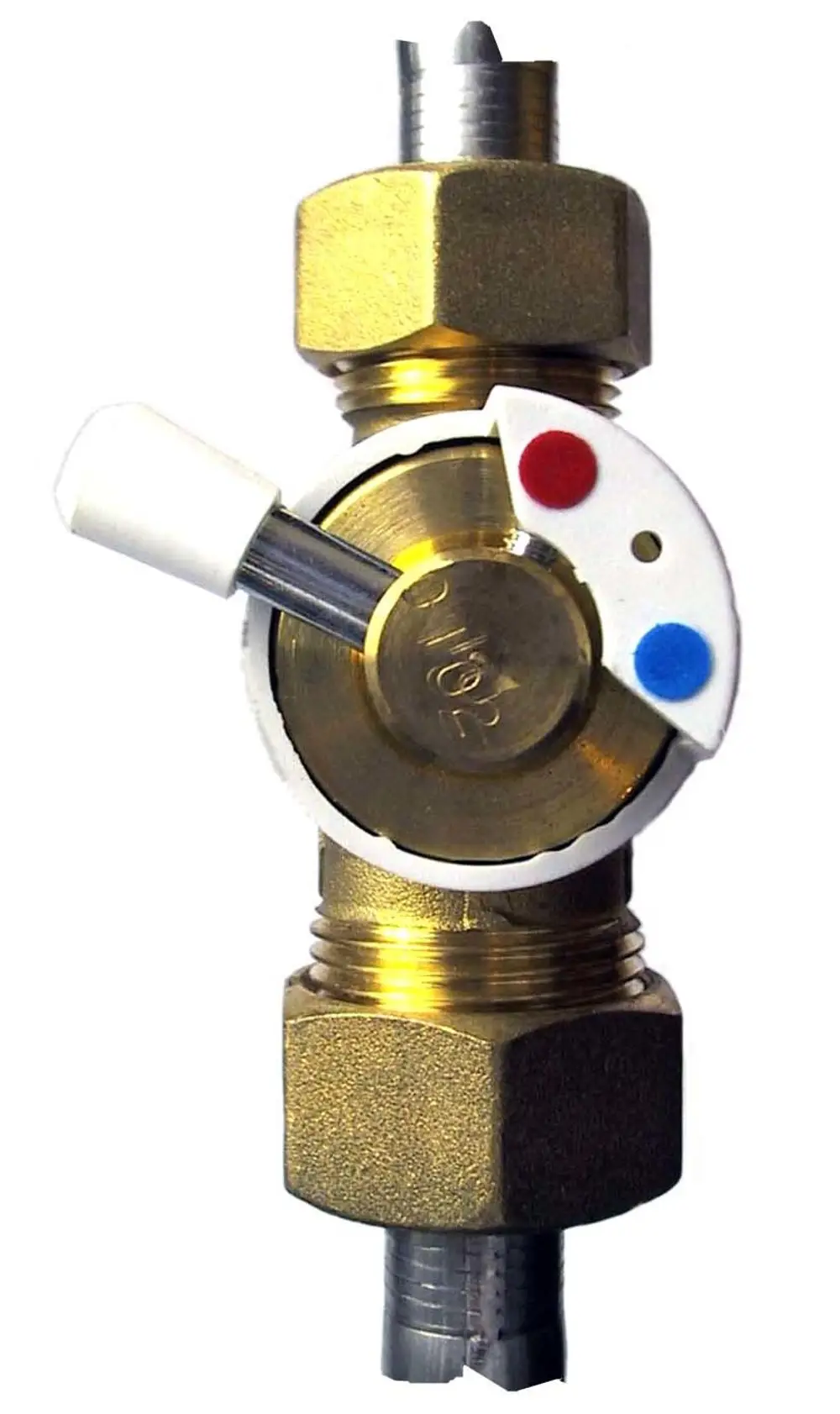 PM-Regler von Danfoss mit einem drehbaren Betätigungshebel und farbigen Markierungen für die Temperaturregelung, in einem kompakten Design aus Messing mit zwei Anschlüssen.
