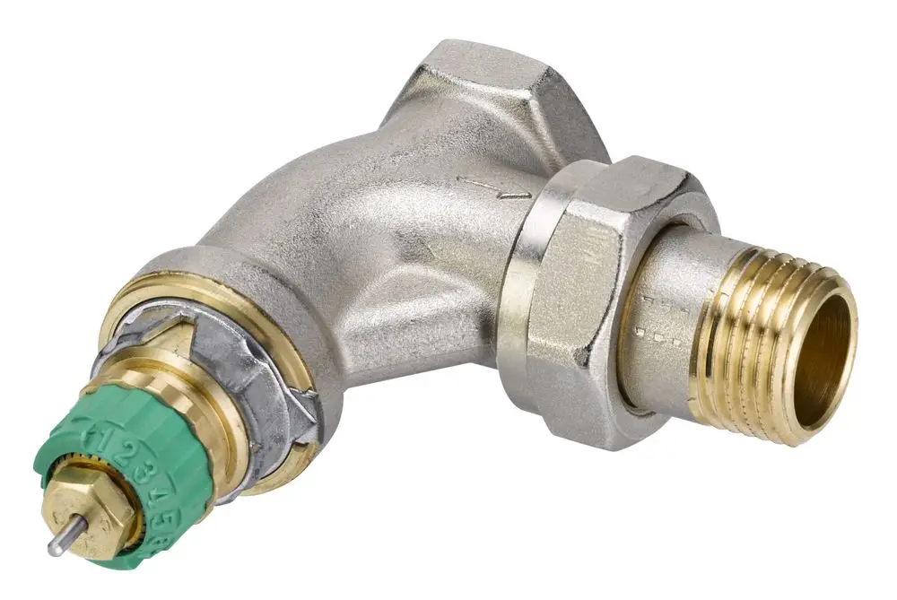 Danfoss Eckventil aus vernickeltem Material mit einem Anschlussgewinde. Das Produkt hat eine gebogene Form und ist für druckunabhängige Anwendungen ausgelegt.