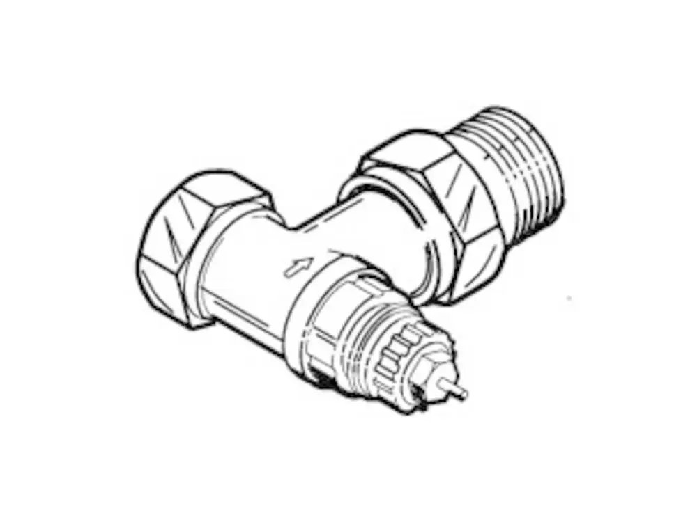 Danfoss Ventilgehäuse in T-Form mit Außengewindeanschlüssen, geeignet für Heizungsanwendungen, mit klarer Flussrichtung und kompatiblen Anschlussmöglichkeiten.