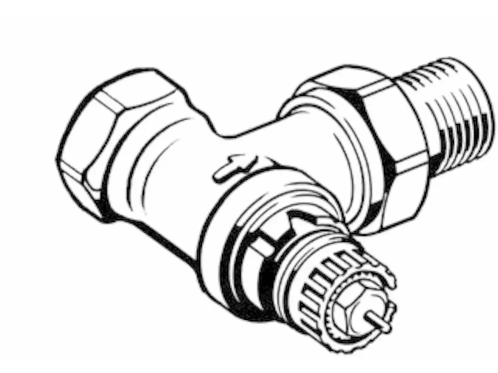 Ventilgehäuse von Danfoss, mit zwei Gewindeverbindungen und einer Eckform, dargestellt in einer technischen Zeichnung.