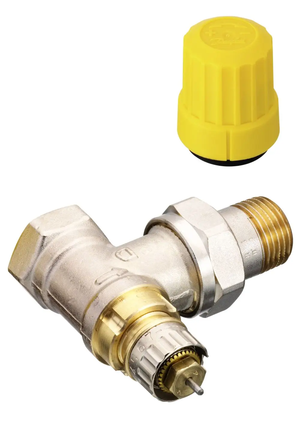 Eckventil von Danfoss mit mehreren Anschlussgewinden, matt vernickelt, Anflanschteil und gelber Abdeckkappe.