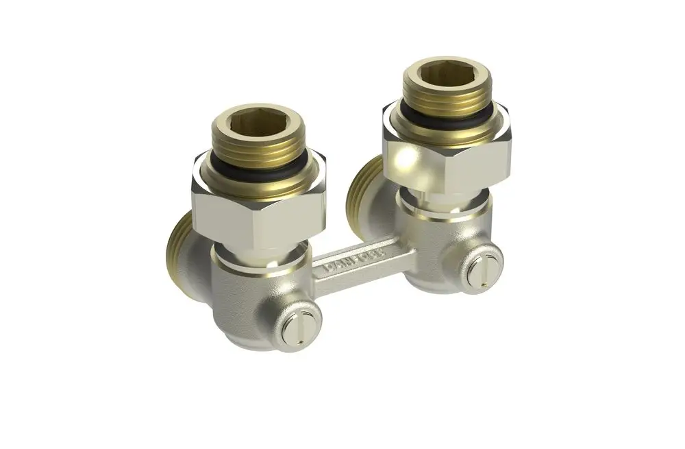 Danfoss Universalverschraubung mit zwei Anschlüssen, metallisch, zur Verbindung von Heizkörperventilen in einer kompakten, eckigen Bauform.