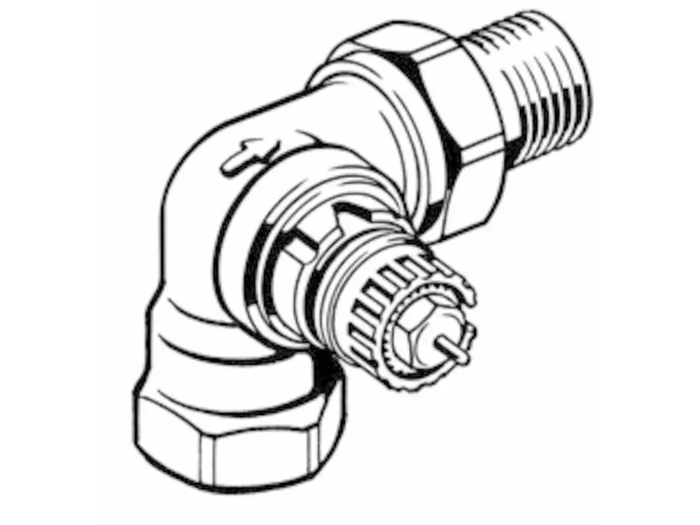 Danfoss Ventilgehäuse mit einem 90-Grad-Winkel, Gewindeanschluss und einem Regulierventil zur Temperaturregelung in Heizsystemen.
