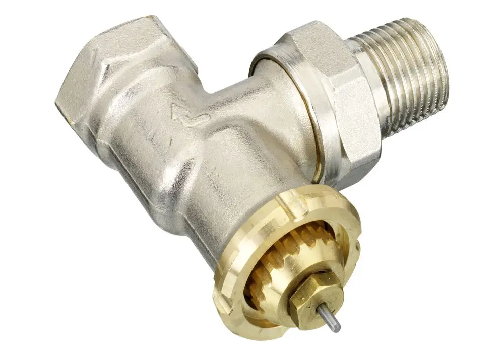 Eckventil von Danfoss mit einem Metallgehäuse und einem markanten, runden Regulierring. Verwendbar in Heizungsanwendungen zur Temperaturregelung.
