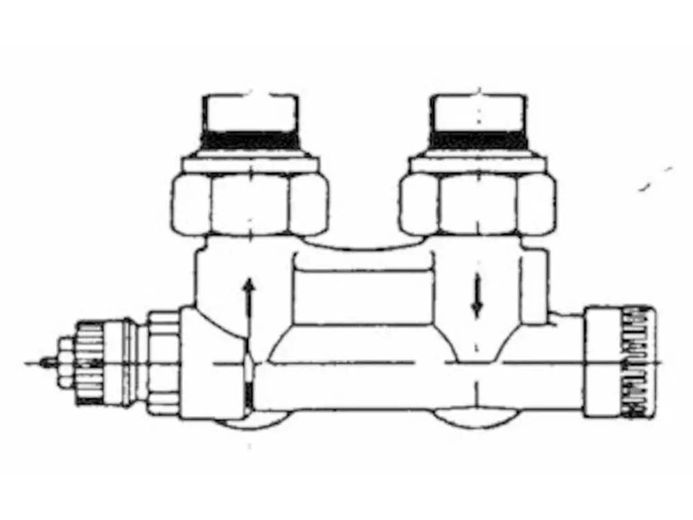 Anschlussarmatur mit zwei Anschlüssen, einer davon mit Gewinde, zur Verwendung in Heizsystemen, hergestellt von Danfoss.