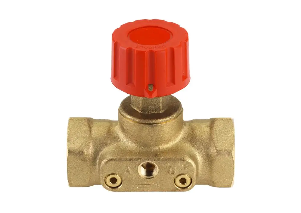 Brass valve with a red handle from Danfoss, designed for flow control, featured with connections for pipe fittings.