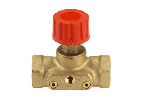 Brass valve with a red handle from Danfoss, designed for flow control, featured with connections for pipe fittings.