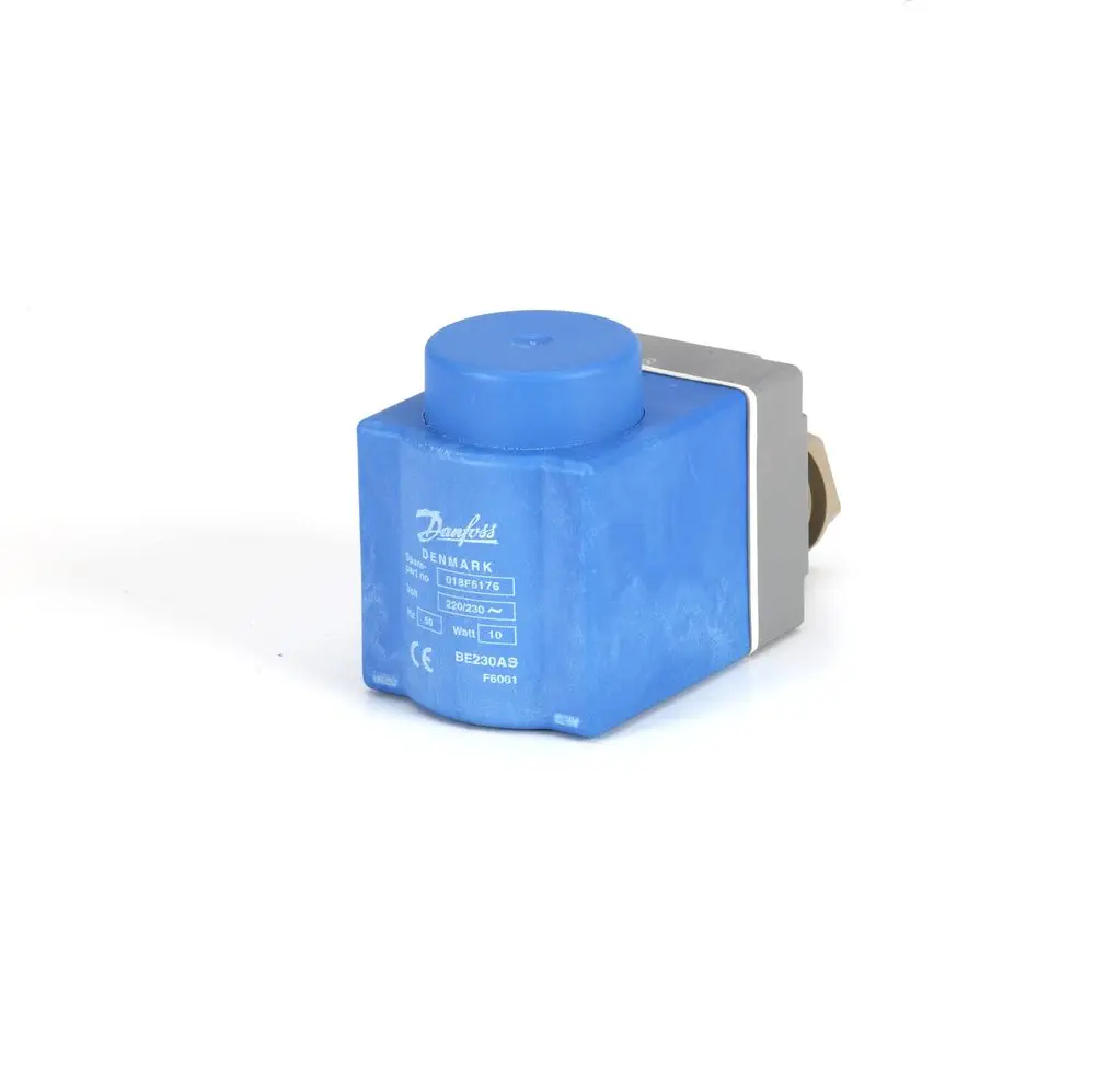 Danfoss-Spule für Magnetventil in blauem Gehäuse, mit Anschluss und Beschriftung. Geeignet für Wechselspannung, 230 V, 50 Hz, 10 W.