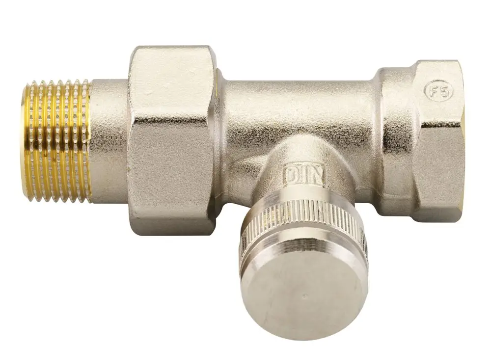 Messing-Rücklaufverschraubung von Danfoss mit einem Durchgang und einem vernickelten Finish, ausgestattet mit Innen- und Außengewinde sowie einem verstellbaren Element.