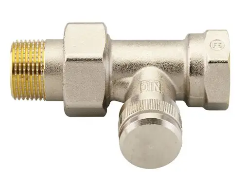 Messing-Rücklaufverschraubung von Danfoss mit einem Durchgang und einem vernickelten Finish, ausgestattet mit Innen- und Außengewinde sowie einem verstellbaren Element.