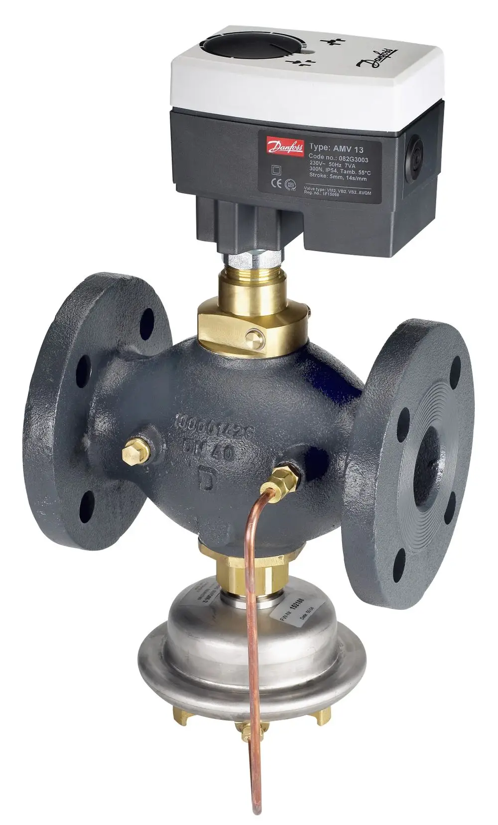 Danfoss-Stellantrieb mit elektrischer Steuerung, montiert auf einem fortschrittlichen Ventil. Sichtbare Anschlüsse für hydraulische Anwendungen.